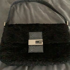 Black faux fur black purse with snakeskin black medium strap